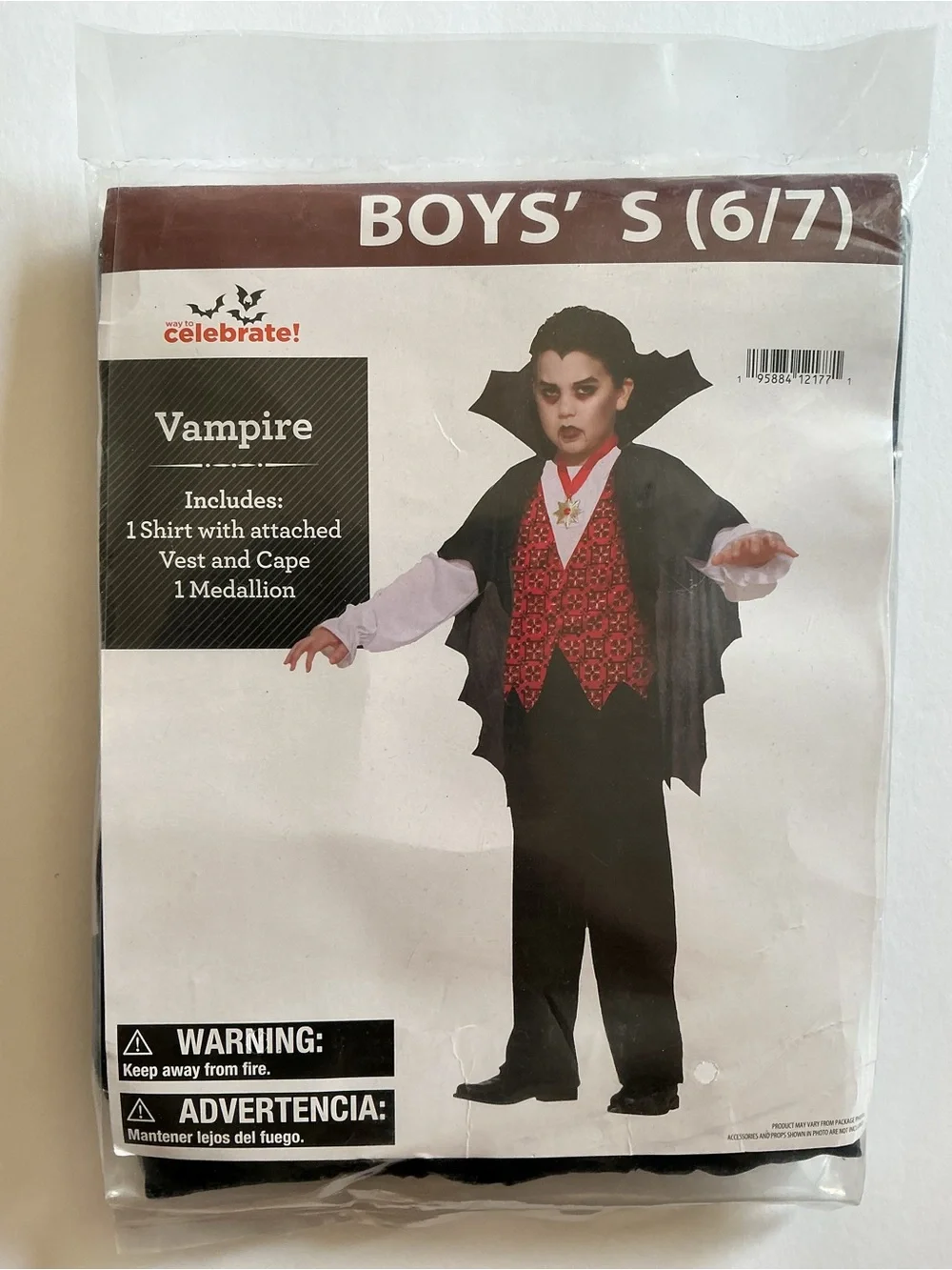 New Vampire Costume Boys' Size S 6/7 3pc Shirt w/ Attached Vest Cape & Medallion
